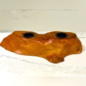 Vintage Natural Hand Carved Wood Double Candle Holder  (AOO)